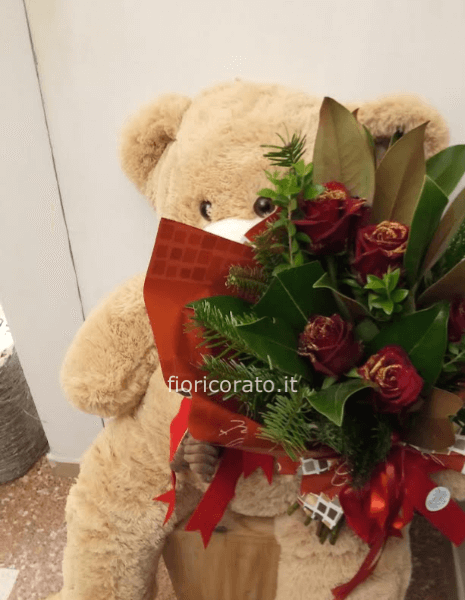 orso h. 80 cm con bouquet di fiori 